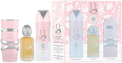 SET LATTAFA YARA WOMEN  ( 3 PC) 3.4 OZ EDP /   10 OZ AIR FRESHENER / 6.8 OZ PERFUMED SPRAY
