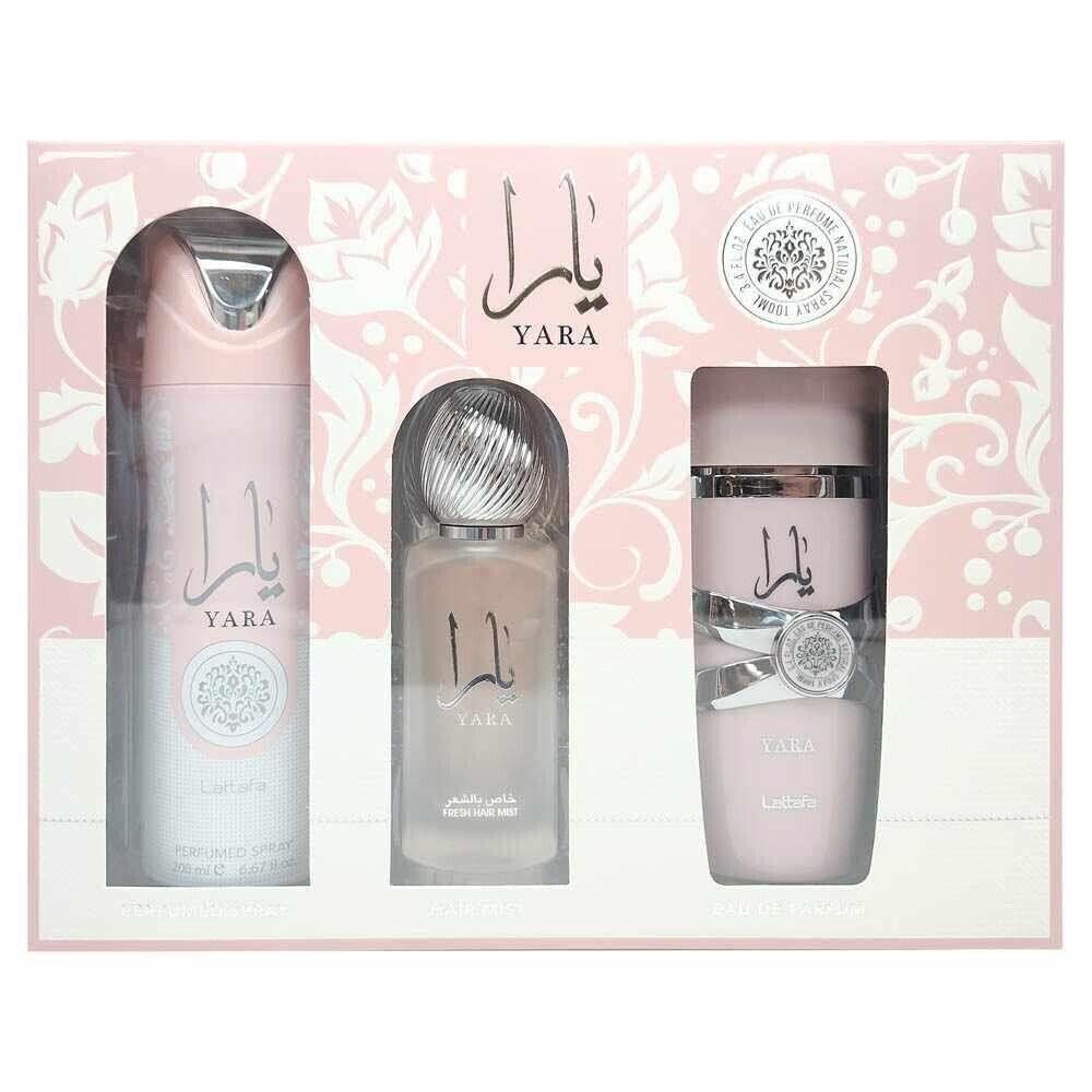 SET LATTAFA YARA WOMEN  ( 3 PC) 3.4 OZ EDP /  6.8 OZ DEO / 1.7 OZ HAIRMIST